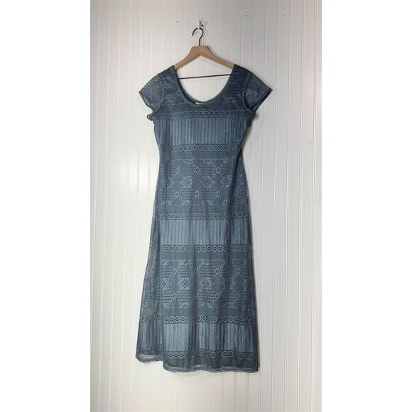 Vintage Y2K Caroline Wells Blue Crochet Lace Midi Dress Cottagecore Boho S/M - Picture 2 of 6